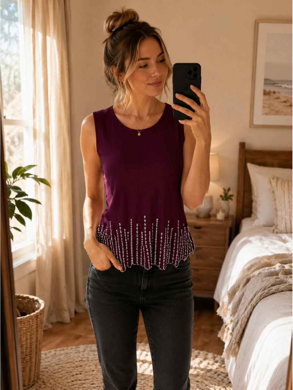 MSK Petite Small Womens Burgundy Embellished Keyhole Back Sleeveless Top Blouse